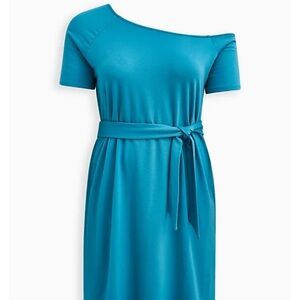 NEW TORRID OFF-SHOULDER T-SHIRT WRAP DRESS - FRENCH TERRY TEAL